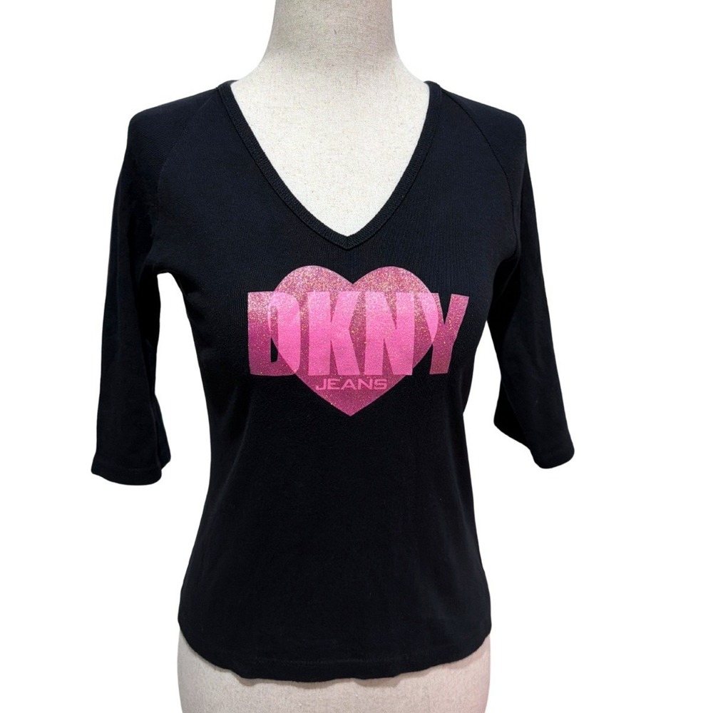 DKNY Jeans Y2K Womens Pink Glitter Heart 3/4 Sleeve V Neck Black Top Size L